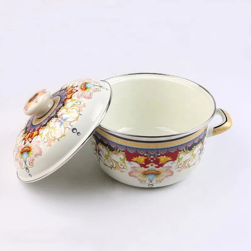 Enamel High Pot Stock Pot Enamel Casserole with Tube Handle Knob Glass Lid Cover 16/18/20/22/24/26cm Ollas de peltre Pewter