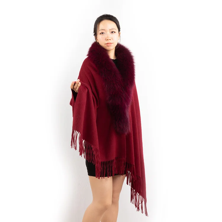 Autumn Winter Women Soft Warm Cashmere Shawl Poncho Cape with Blue Fox Fur Trim Tassel