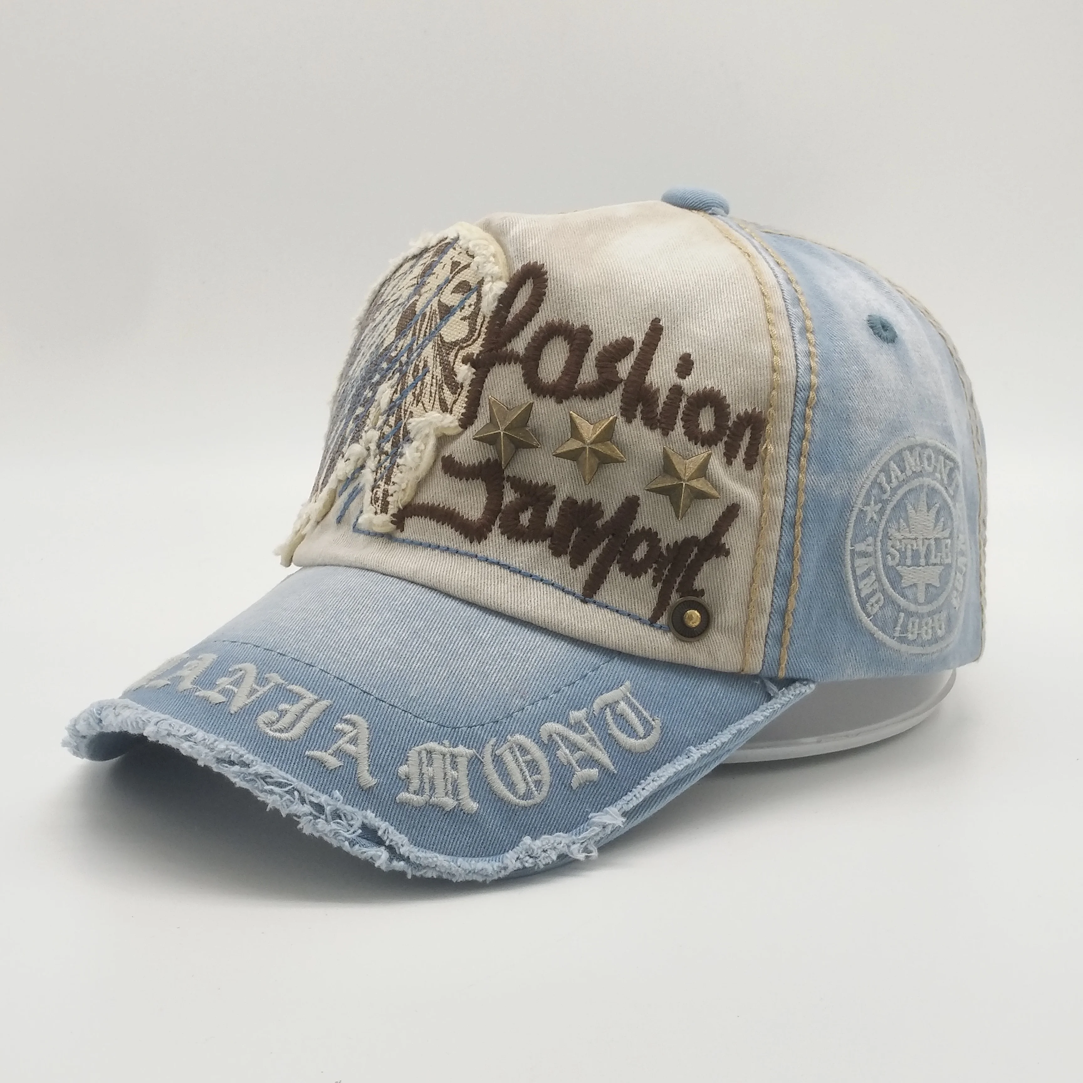 Customized Frayed Cloth Logo Worn Out Baseball Cap,Embroidery Visor Hats Dad Hats,Five Pointed Metal Star Lapel
