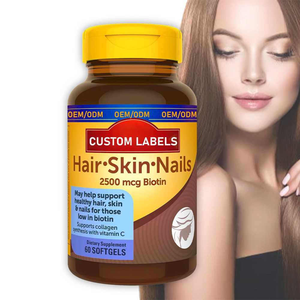 OEM Hair Skin and Nails with Biotin 2500 mcg Dietary Supplement For Healthy Hair Skin and Nails Support Biotin Softgels