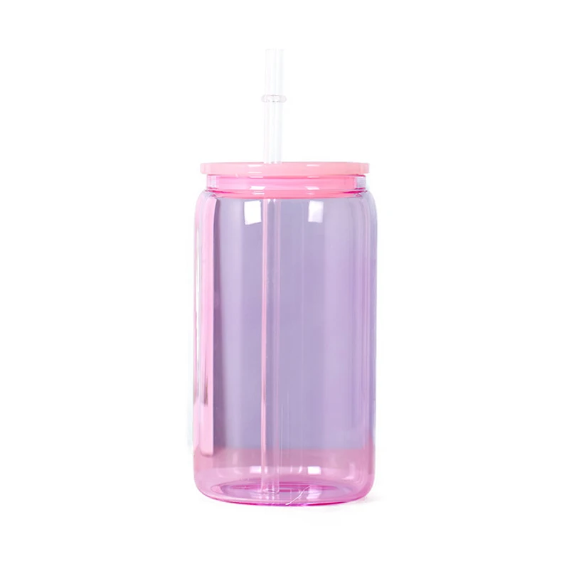 Wholesale Glass cup sublimation solid color glass 16oz Mason Jar Drinking Glass Cup with Straw and plastic cover