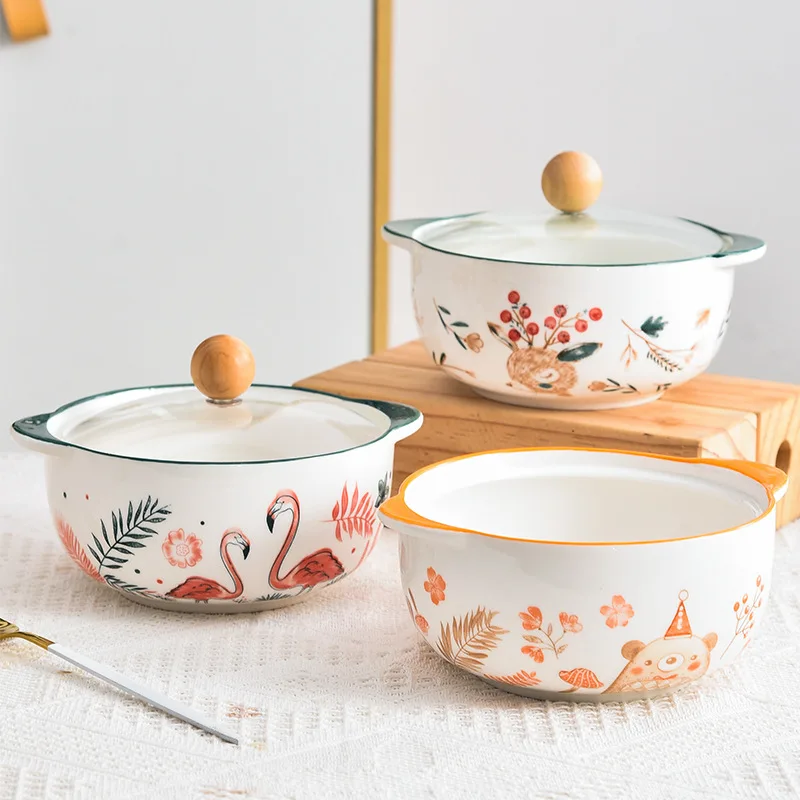 Japanese cartoon ceramic bowl household small instant noodle bowl simple personality with cover soup double ears soup pot