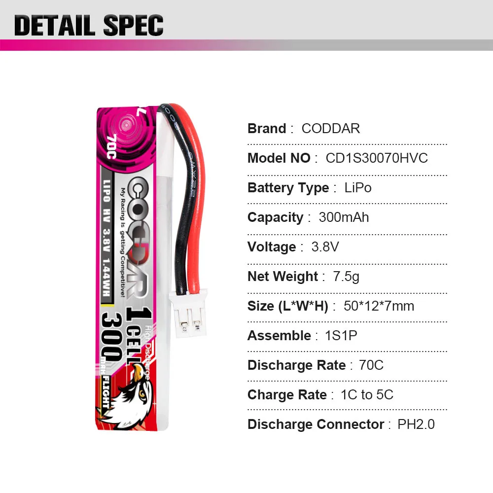 CODDAR LiPo Battery 1S 300MAH 3.8V 70C PH2.0 With Cabled FPV Drone High Voltage HV LiHV Lithium Polymer