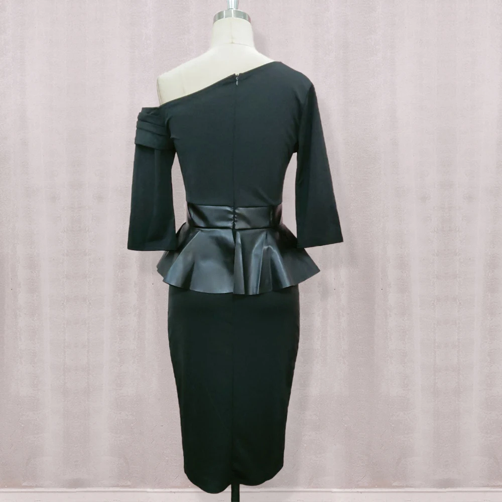 Sexy Off Shoulder Peplum Patchwork PVC Bodycon Women Party Club Dress