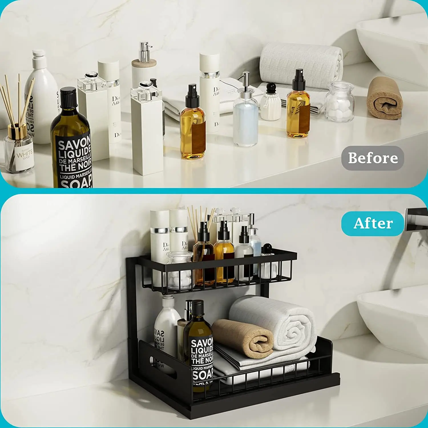Kitchen and Bathroom Organization Plastic Home Storage Shelf Rack 2-Tier Under the Sink Organizer with Basket