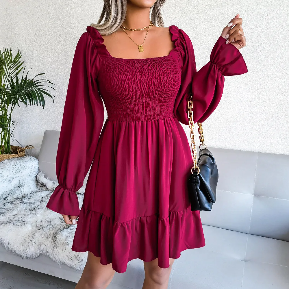 Fashion Hot Sale Flared Long Sleeve Party Maxi Dress Women Summer High Waist Casual Dresses