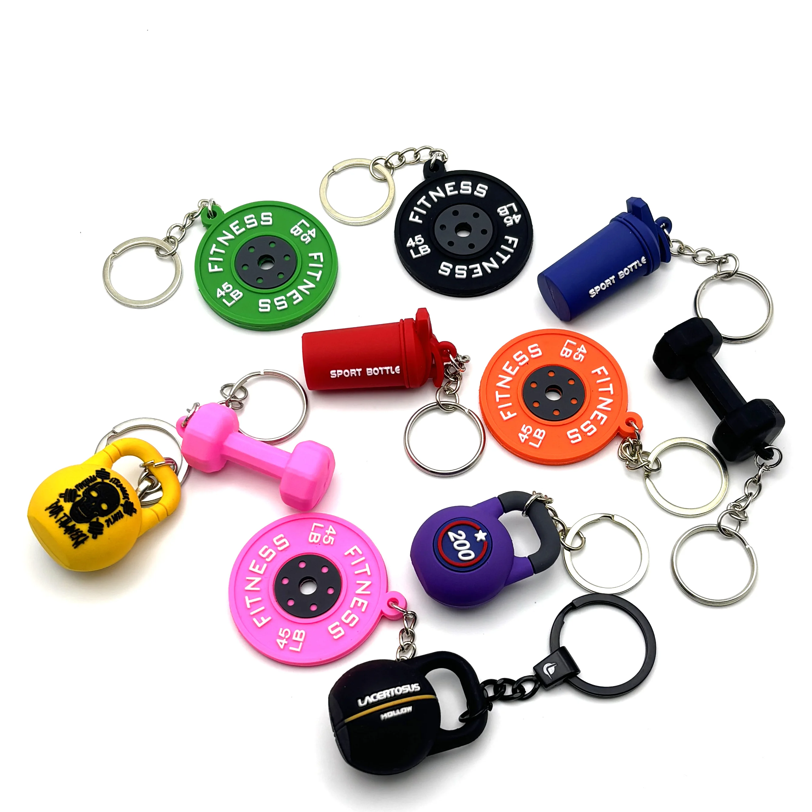 Wholesales Fitness PVC Soft Llaveros Souvenir Dumbbell Barbell Rubber Weight Plate Keychain Gift Gym Keychain