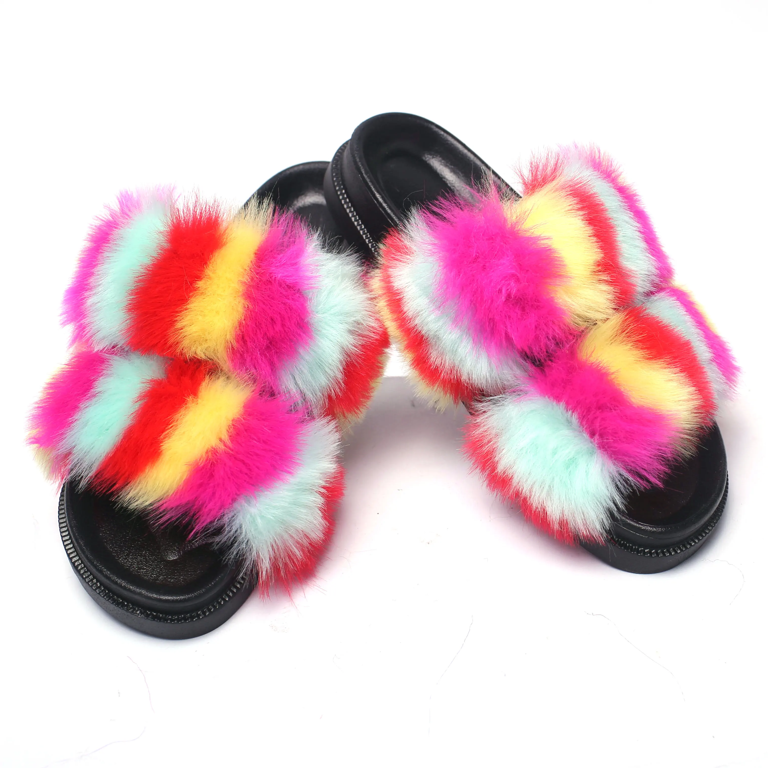 two strap house fluffy fur womens slippers 2023 Soft Furry Sandals Faux Double Strap Fur Slides