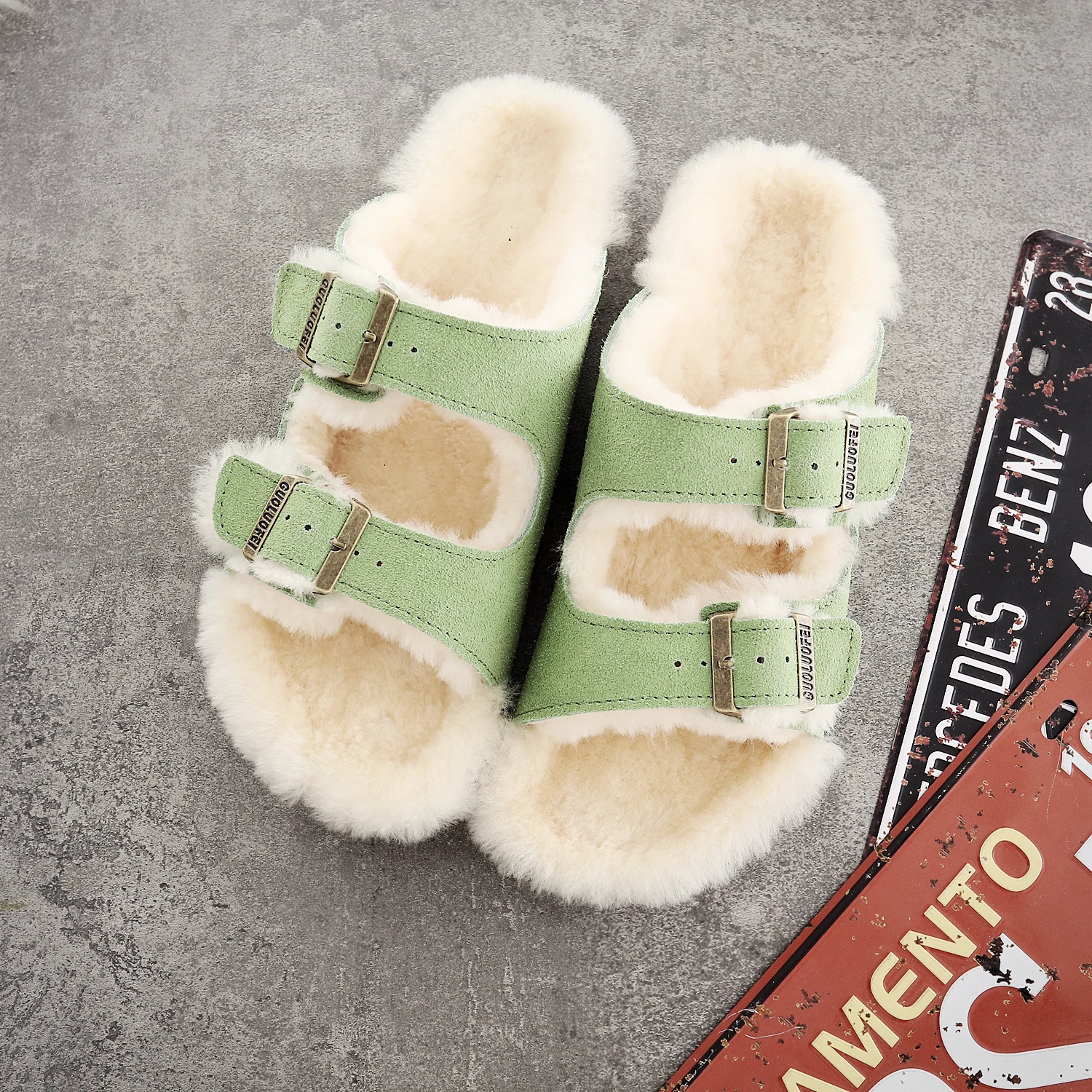 Faux Fur Lined flat slippers for ladies plush cork sole home women slippers