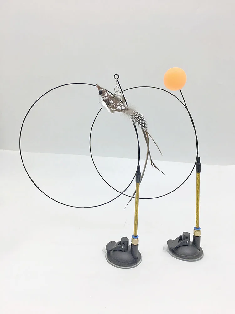 Steel wire long rod feather cat teaser creative ping pong suction cup fixed self hi elastic pet cat supplies wholesale