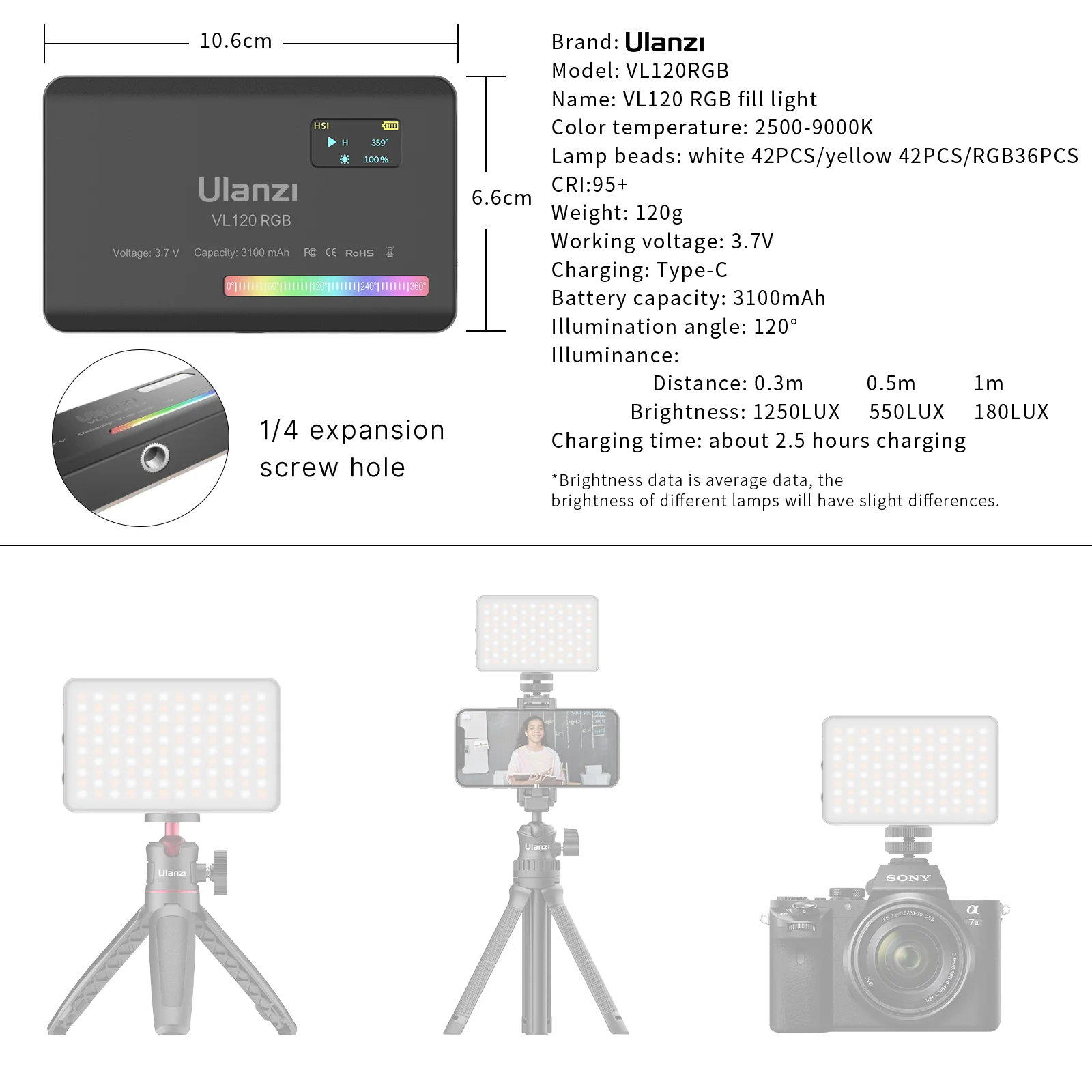 Ulanzi VL120 RGB 3100mAh 2500-9000k мини-камера видео свет для фотографии Tiktoks Vlog