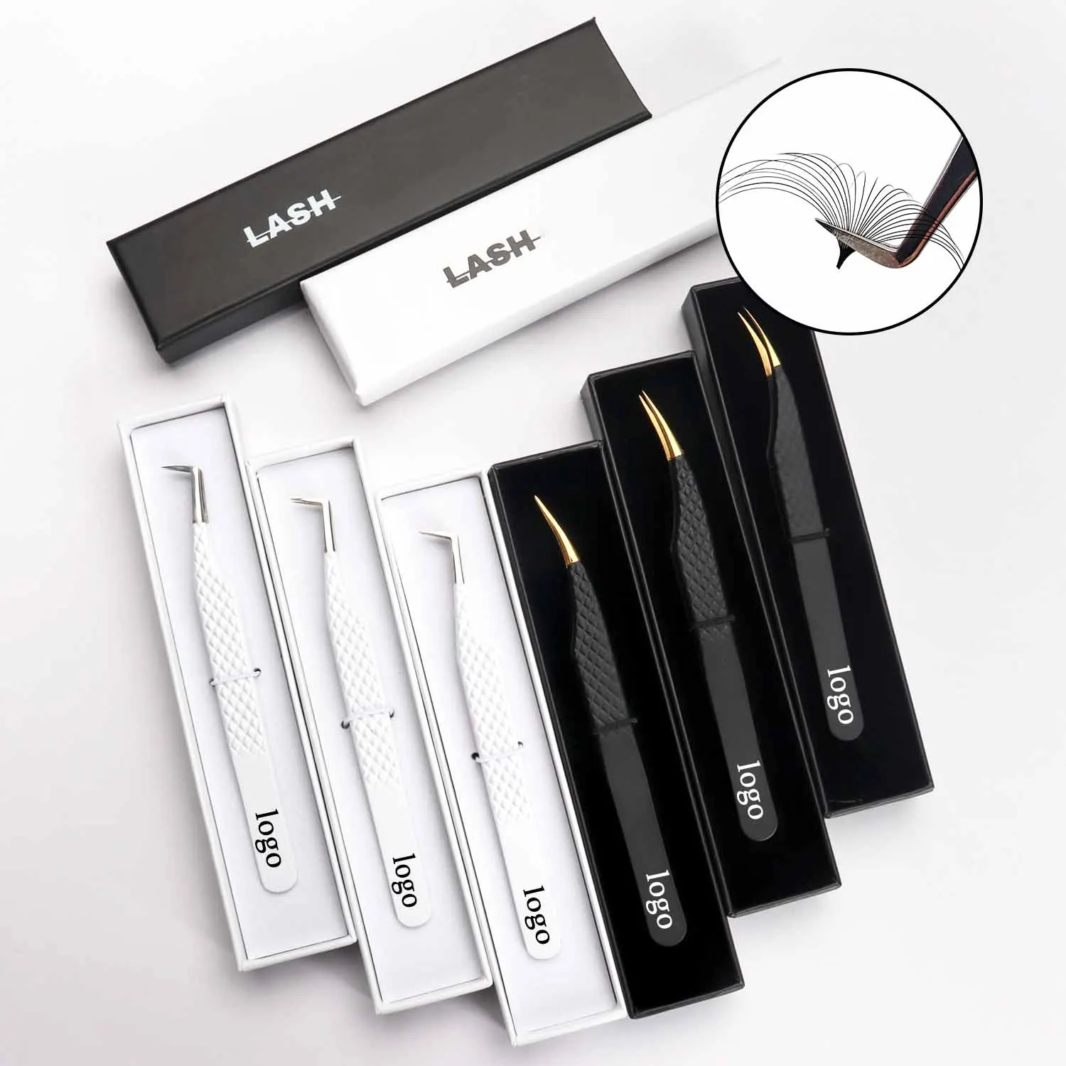 Lash Isolation Tweezers Private Label Fiber Tip Custom Gold Black Logo Box Package Lash Extension Tweezers