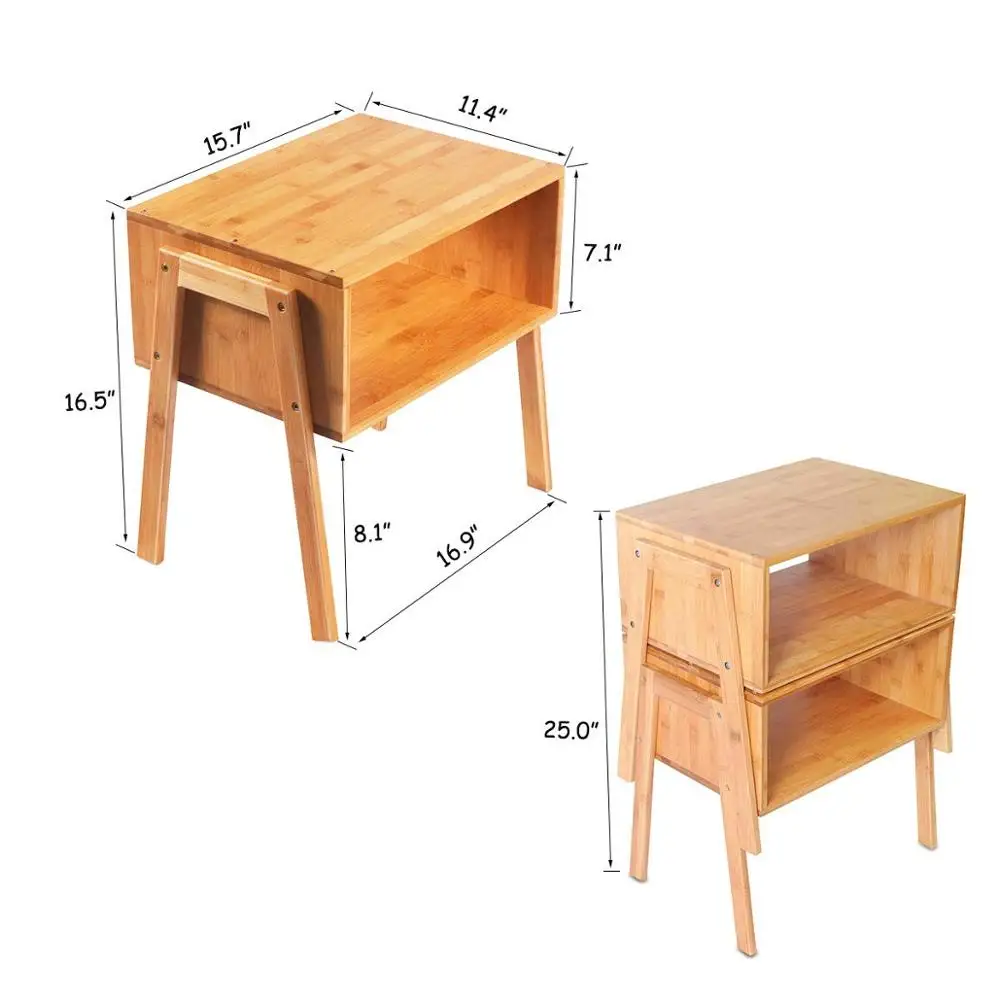  Set of 2 Luxury wooden stackable end table side nightstand bamboo