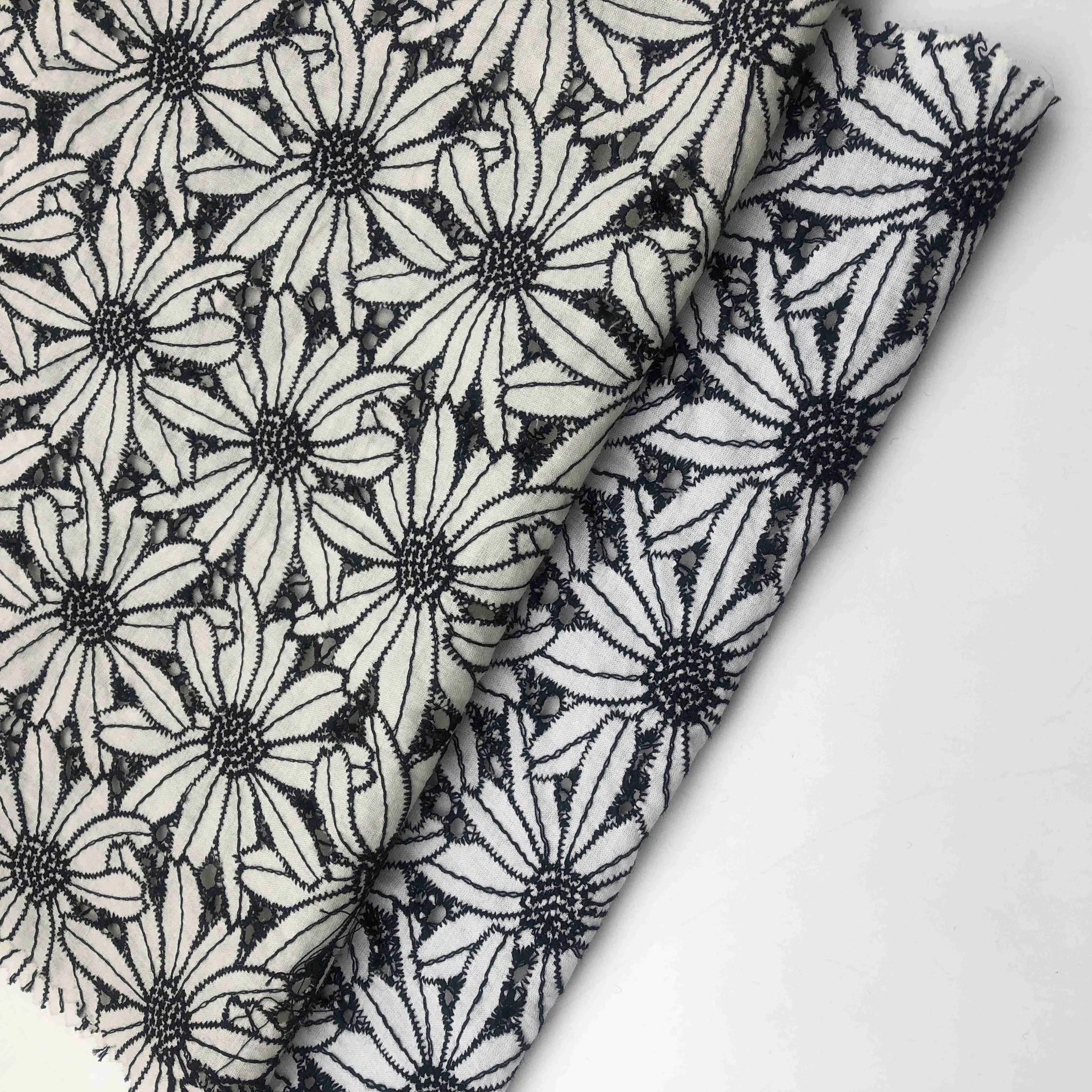 Jiede Black White Ivory Swiss 100% Cotton Eyelet Voile double color floral embroidery lace fabric