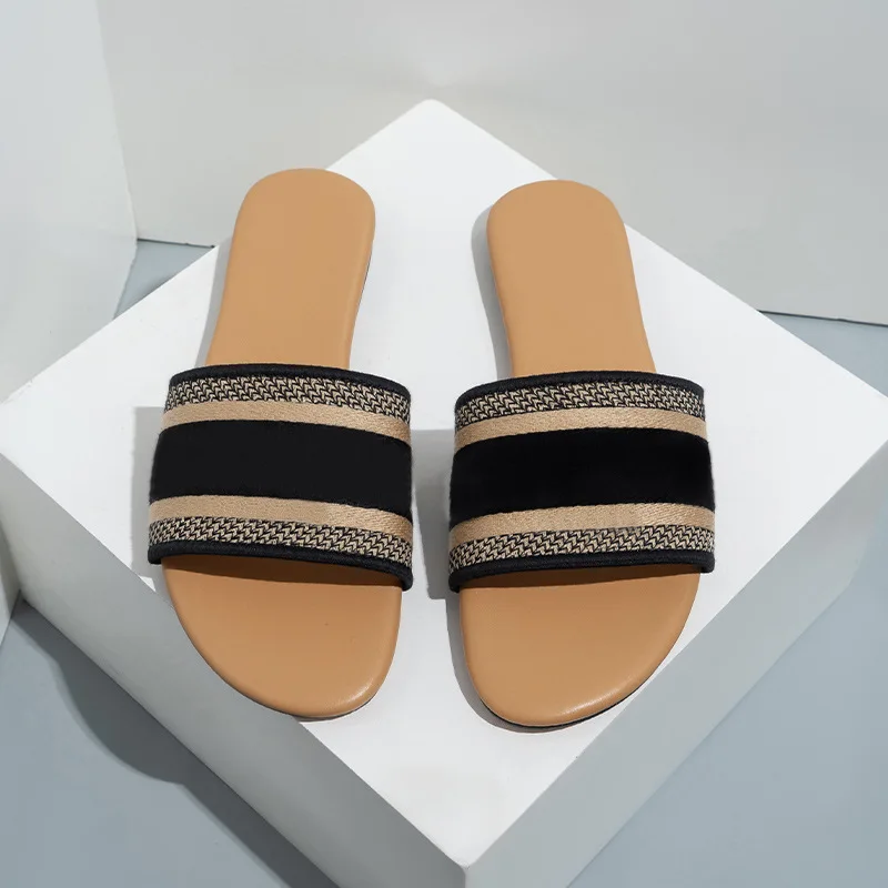 Wholesale designer brand shoes fashion ladies flat sandals PU leather slipper for women