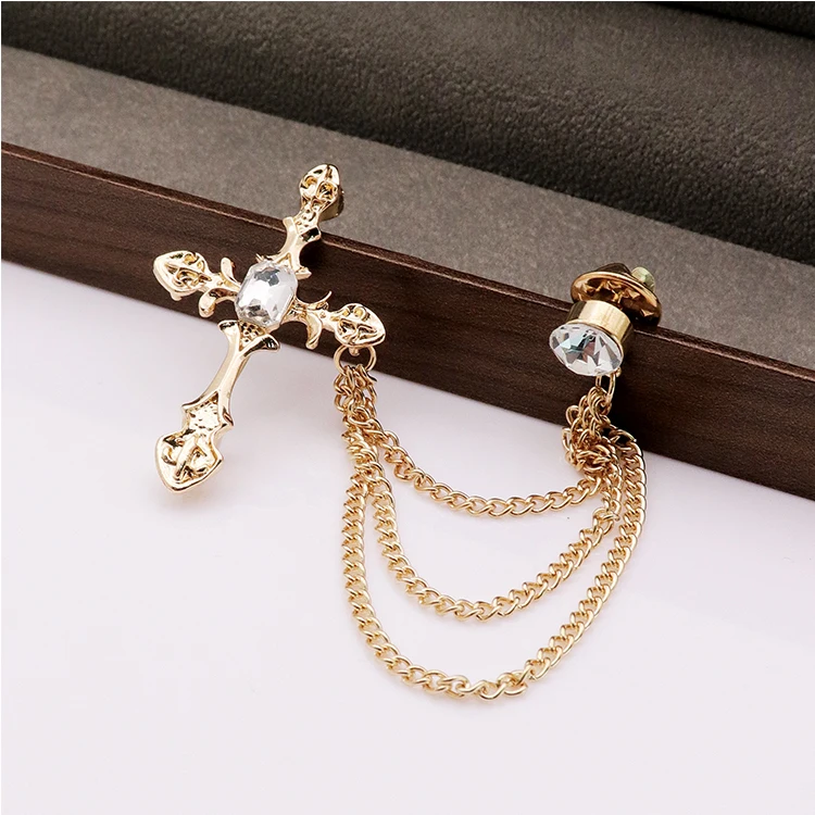 Souvenir Custom Luxury Metal Brooch Pin Crucifix Cross Badge Fashion Crystal Rhinestone Decorative Lapel Pins For Clothes