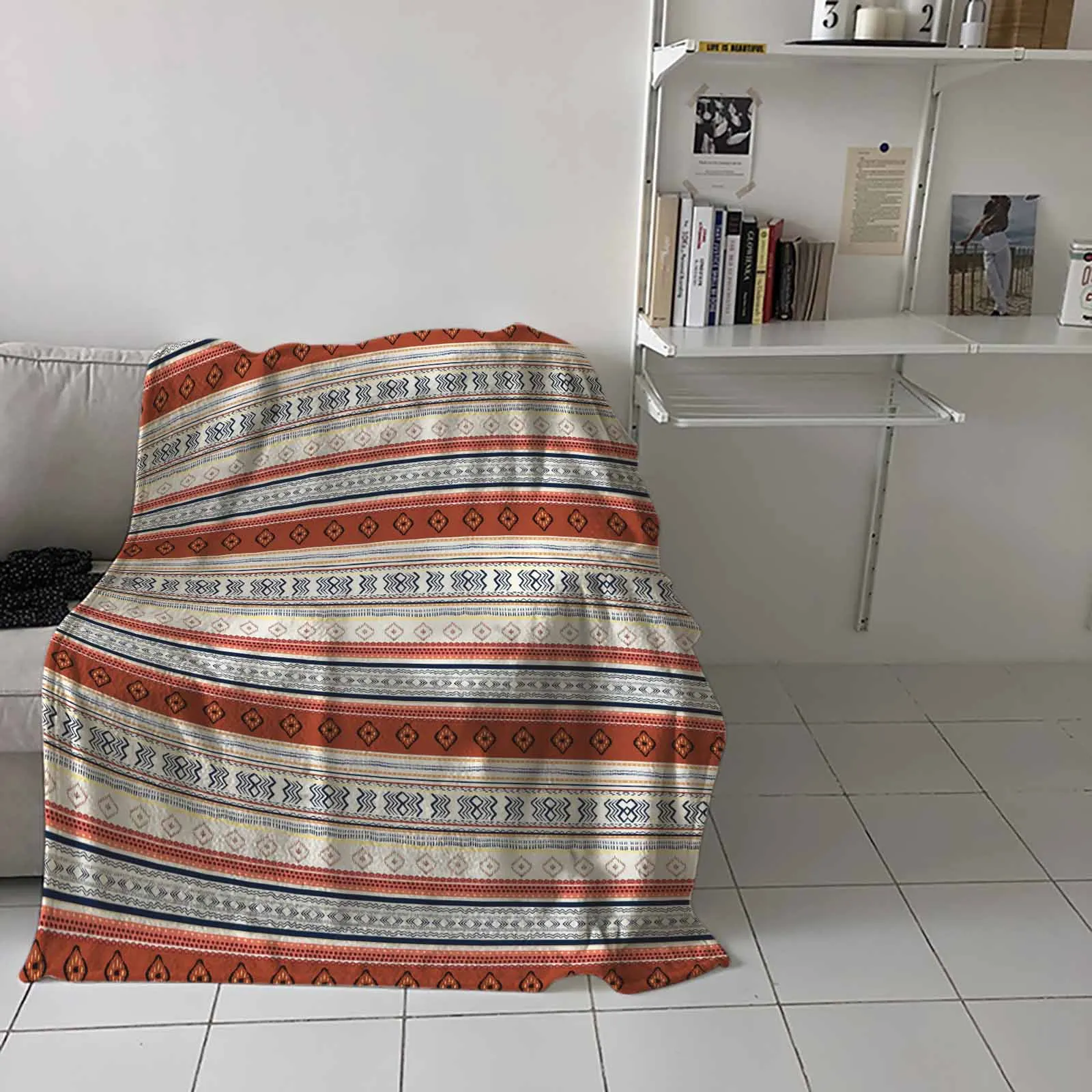 Beige Southwestern Native Tribal American Geometric Vintage Flannel Soft Blanket Cover for Couch Chair Bed Outdoor Travel