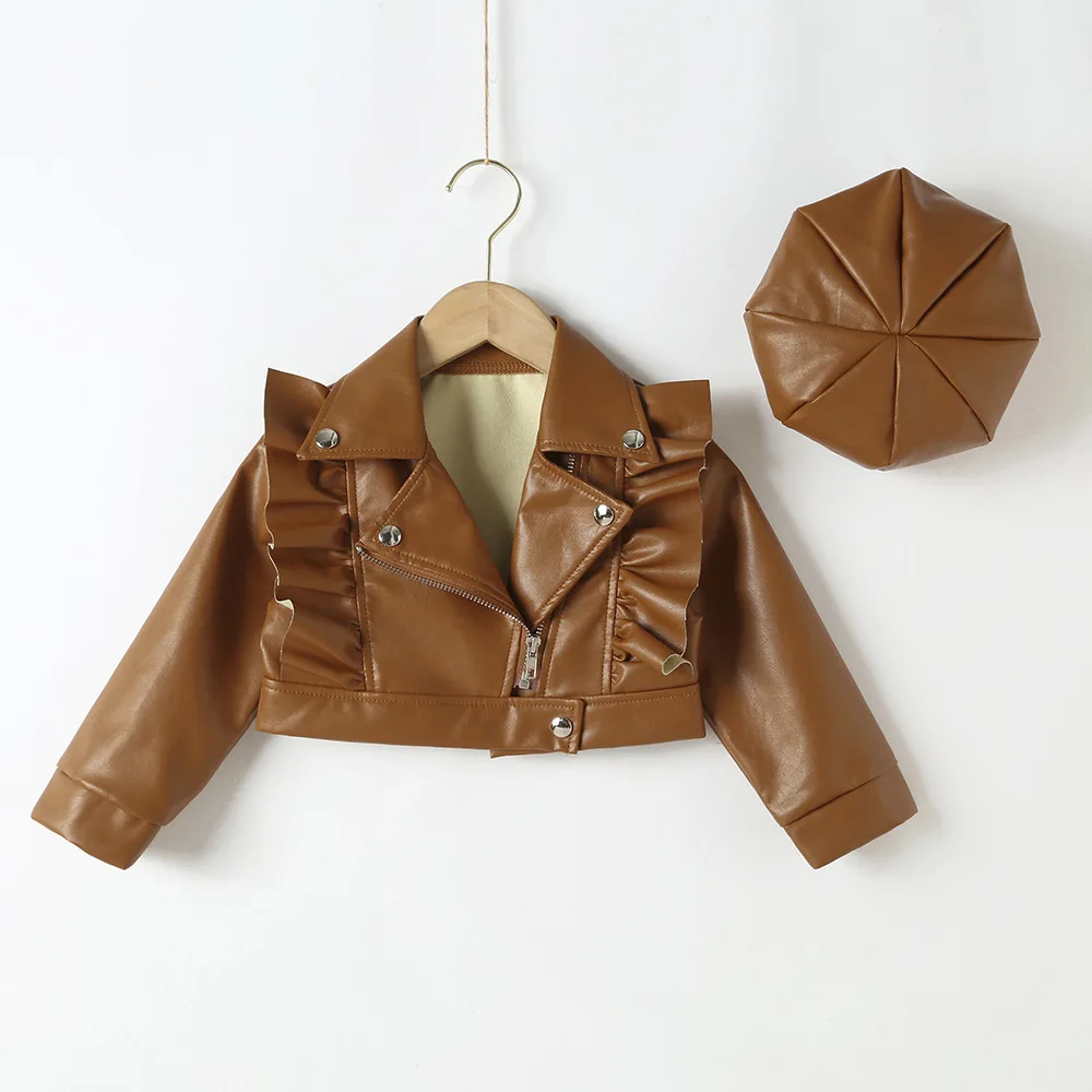 Fashion 2-7 Years Toddler Girls 2pcs Leather Jacket Hat PU Motorcycle Outerwear Ruffle Zipper Coat