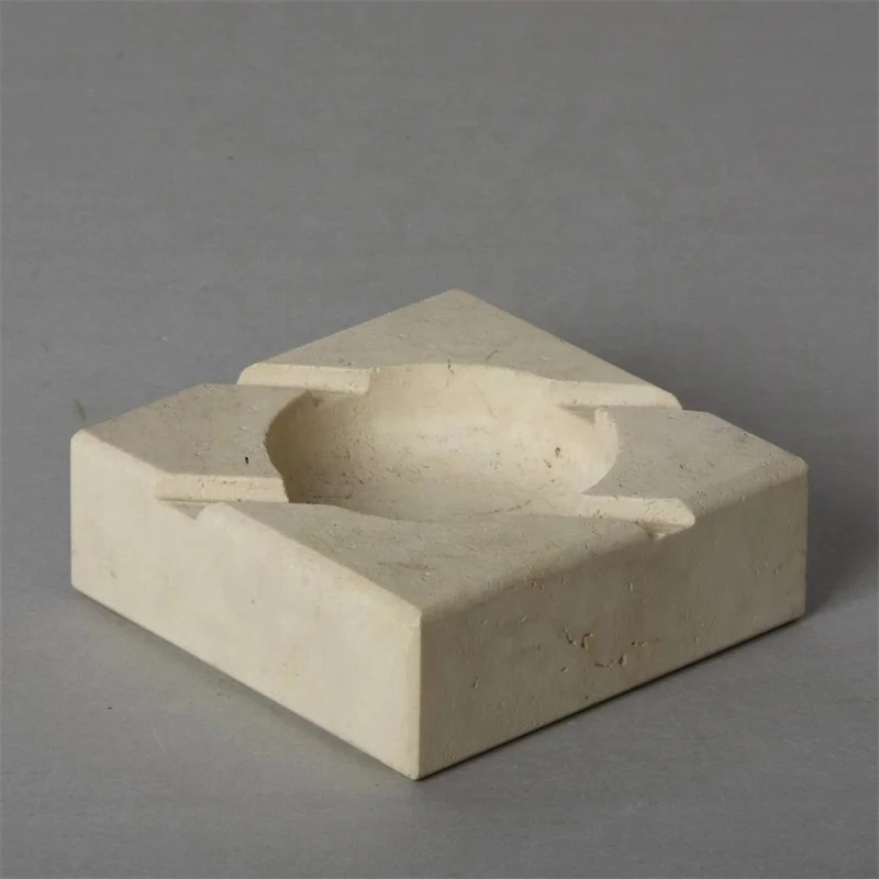 Vintage Beige Travertine Square Marble Stone Cigar Ashtray Honed Surface