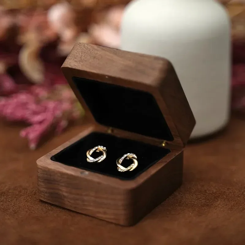 1PCS Free Engraving Walnut Wooden Jewelry Box Earring Rings Wedding Ring Organizer Wood Box Luxury Jewelry Gift Packaging Box