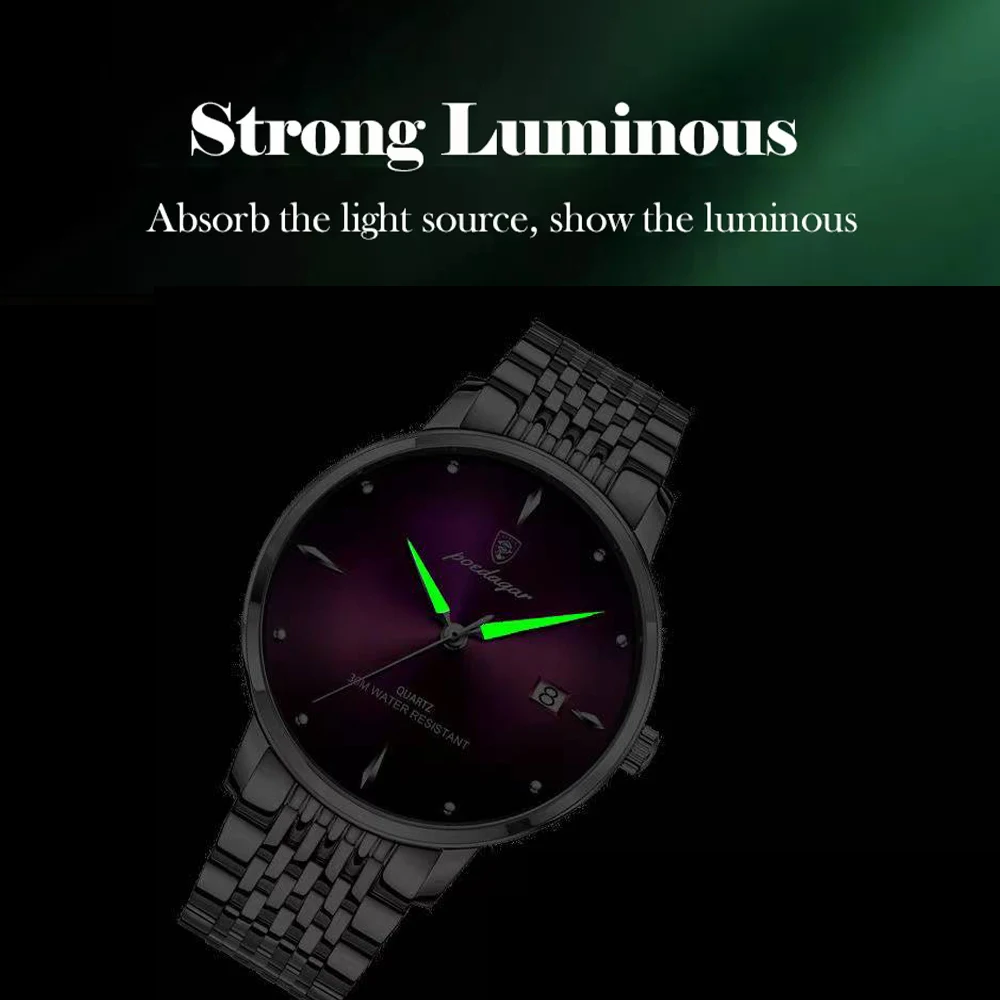 POEDAGAR Top Brand Luxury Waterproof Luminous Stainless Steel Watches Sport Quartz Clock Mens Date Business Wristwatch Relogio
