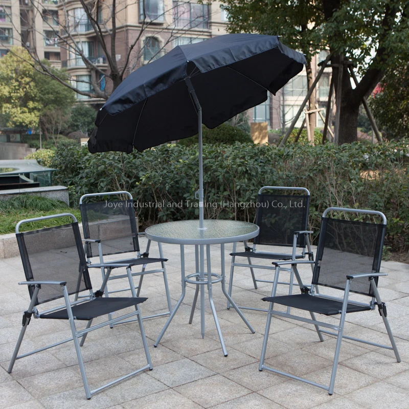 Joyeleisure Modern 6pcs Folding Steel Table Chair Set with Umbrella Outdoor Teslin Furniture for Outdoor & Villa Use