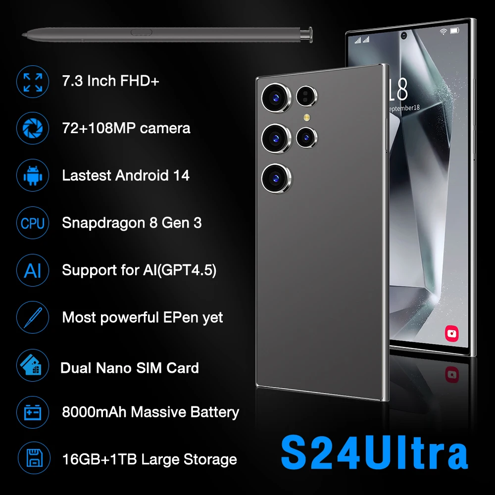 2025 Ultra 5G S24 Smart Phone Android 14 Hot Selling S Pen Facial Recognition Fingerprint Unlock LTE 4K Mobile English Operating
