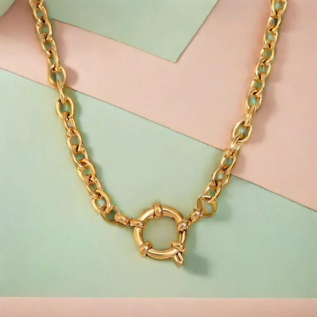 Custom Jewelry Stainless Steel 18K Gold  Plated Paper Clip Chain with Spring Buckle Pendant Necklace