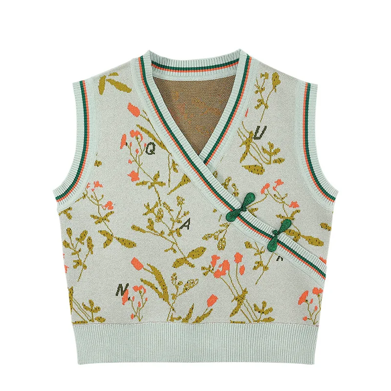 Factory wholesale vintage knitted vest irregular v-neck jacquard contrast color slim mandarin collar jilet top for women