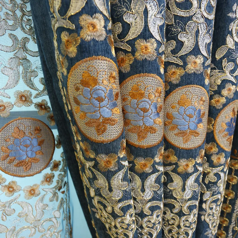 Hot Selling European Style Luxury Curtains for Living Dining Room Bedroom Blue Chenille Embroidered Curtains Valances