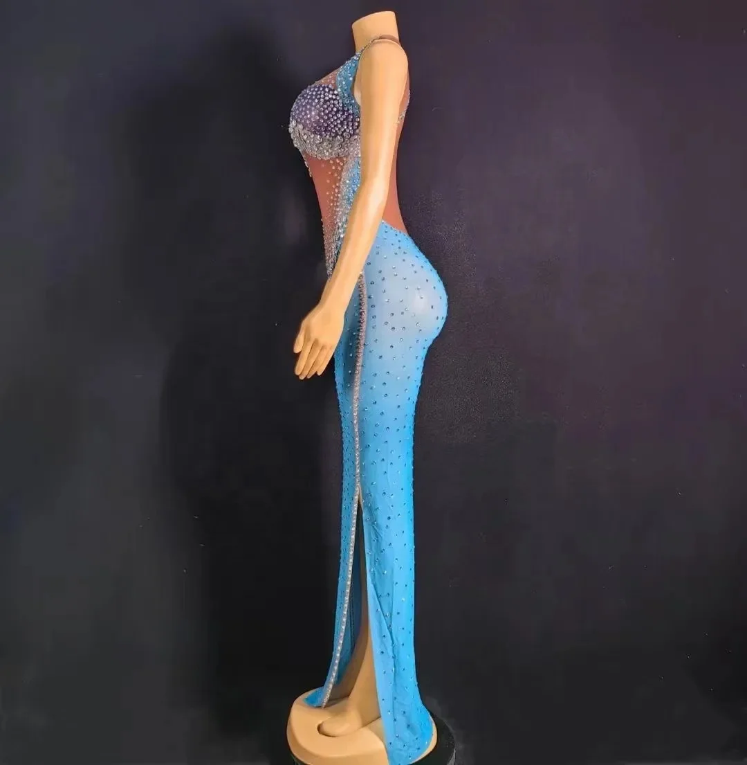 Sparkly Rhinestones Sleeveless Split Blue Long Dress for Women Sexy Celebrate Evening Prom Birthday Photo Shoot Dress Stage Wear