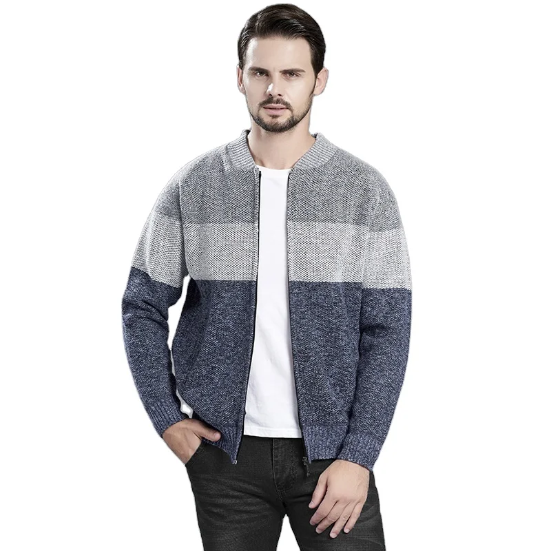 O Neck Long Sleeve Grey Color Block Zip Up Mens Cardigan Sweater For Men