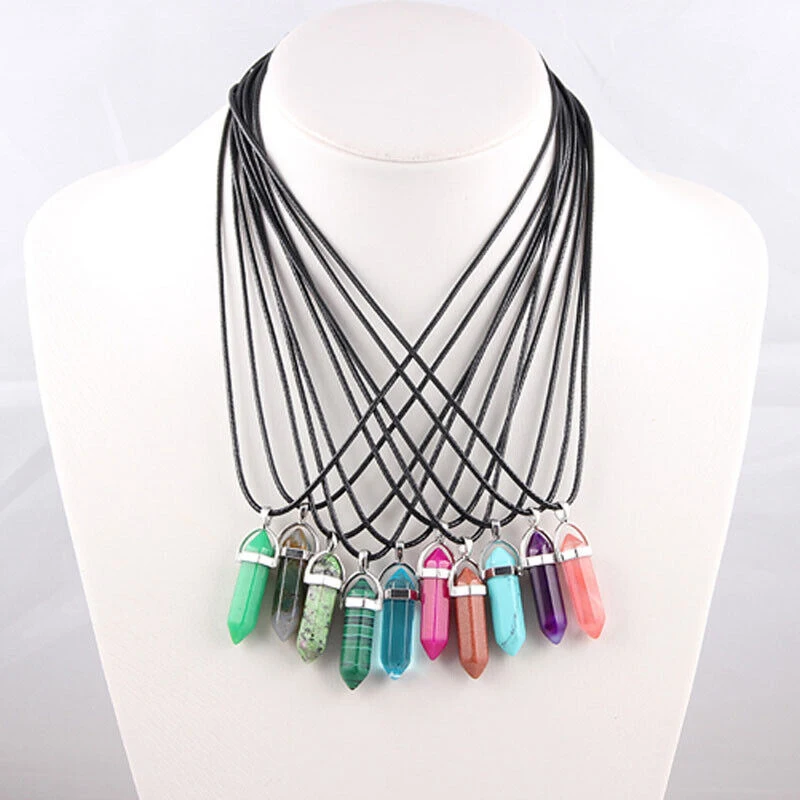 Hexagon Prism Crystal Stone Point Chakra Healing Gemstone Pendants Necklaces Pointed Gemstone Pendants Necklaces for Women