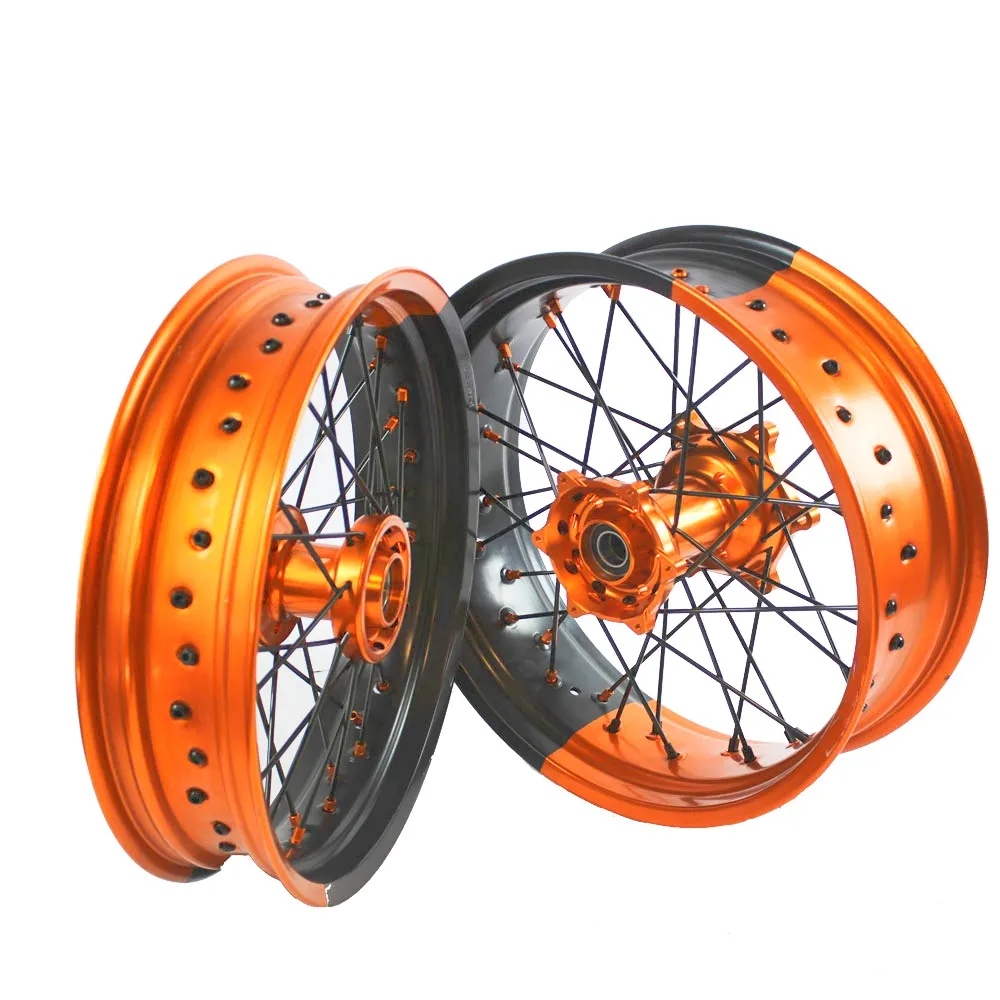 MOQ 1set OEM motorcycle bicolor wheels 17 inch aluminum alloy spoke wheel set for supermoto