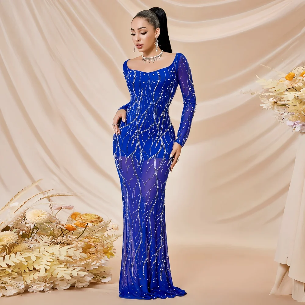 Elegant Long Ball Gown Party Dresses Beaded Long Sleeve Gown for Women Empire Luxury Diamond Wedding Party  Brides Maid Dresses