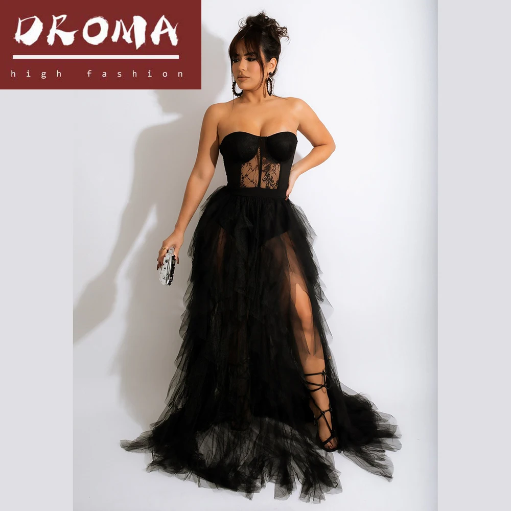 Droma real picture plus size skirts collarless women dresses hollow lace mesh top sexy evening gown dress for ladies