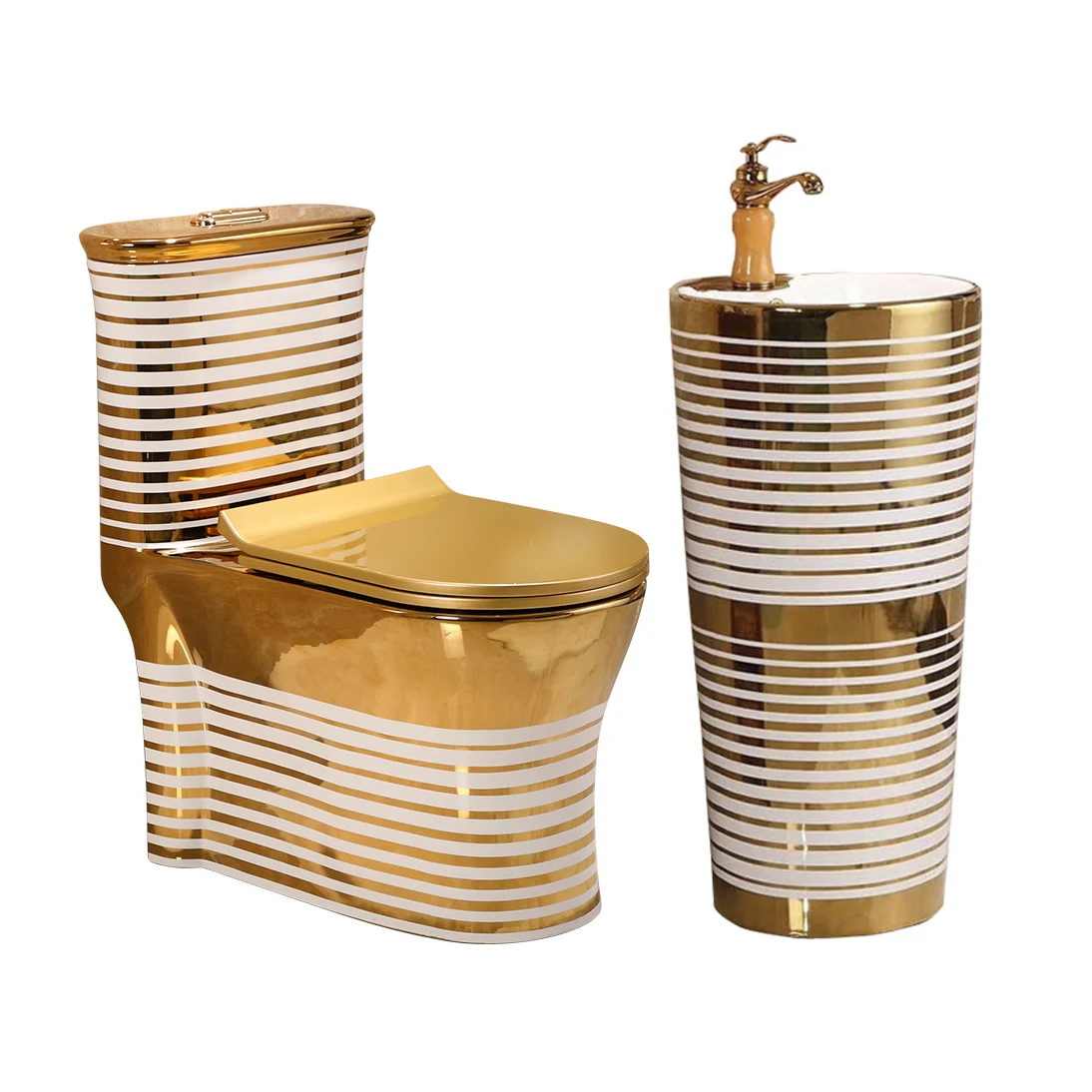 Royal style sanitary ware hotel home luxury golden pedestal sink toilet bowl bathroom ceramic gold toilet set