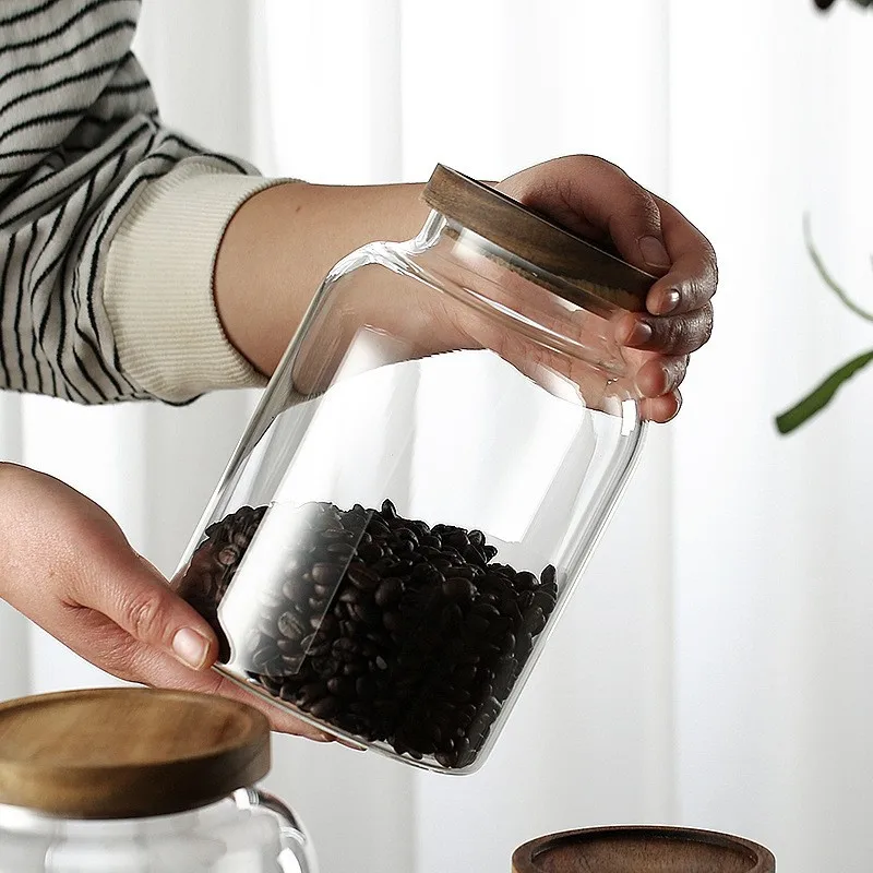 Wholesale High Capacity Custom Clear Glass Food Spice Candy Coffee Storage Jar Containers With Acacia Lid