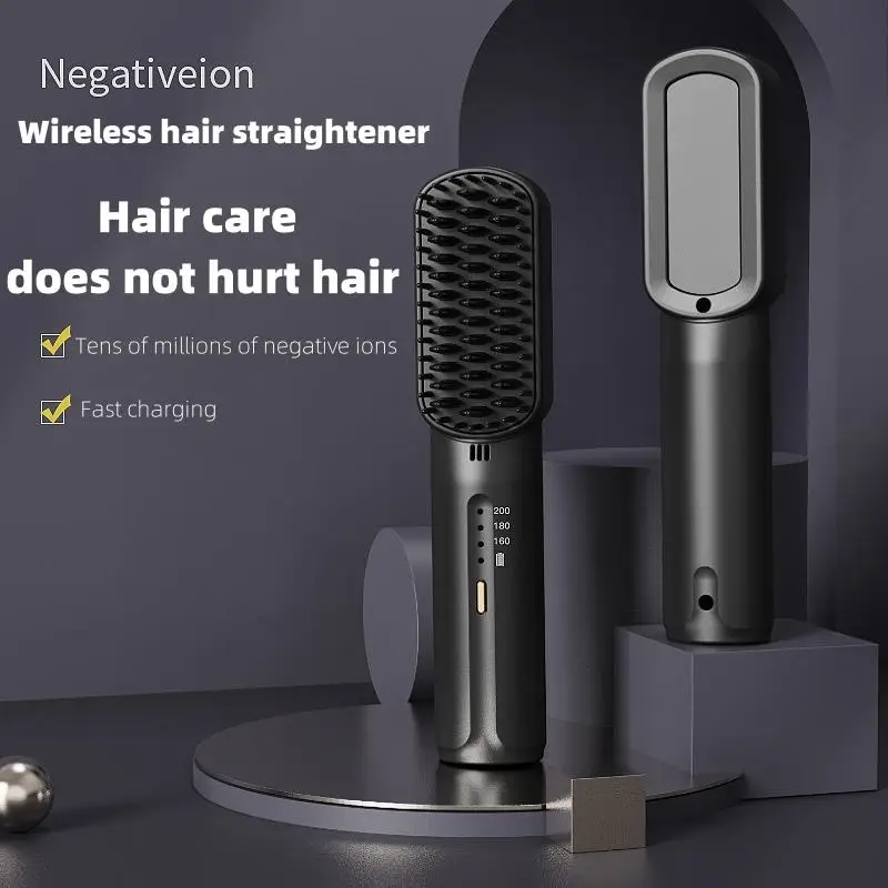 Cordless USB Rechargeable Wireless Hair Straightener Comb MINI Electric Portable hot hair brush 2 in 1 Cordless for men&women