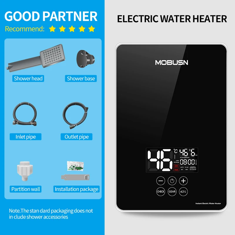 New Design Portable Hot Shower Electric Instantaneous Water Heaters 1 Piece Stainless Steel Touch Button Wall Mounted IPX4 8000
