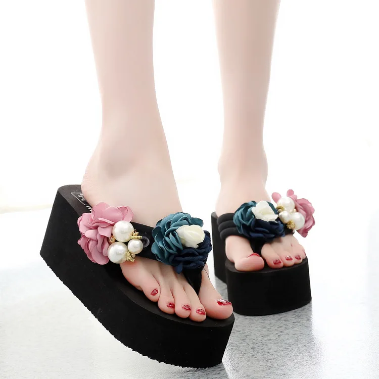 eva beach fashion summer platform black 6CM flip flops wedge heel floral diamond chunky ladies sandal sole wedge shoes