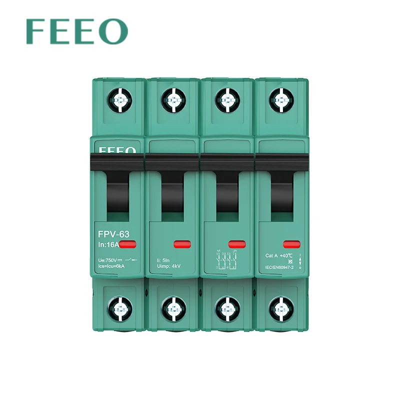 FEEO 2P DC 1000V Solar Mini Circuit Breaker Battery Switch 6A 10A 16A 20A 25A 32A 40A 50A 63A DC MCB for Photovoltaic PV System