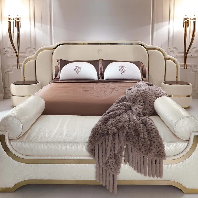 2024 latest design double bed headboard Modern Leather Fabric villa Bed Function Bedroom Furniture Set Chesterfield Style