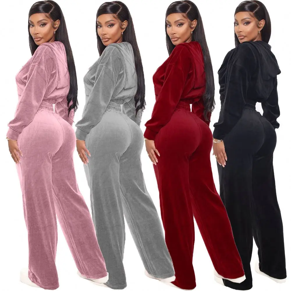 New Fashion Pullover Hoodie Wide Leg Pants Long Sleeve Outfits Flare Pants Winter velvet tracksuits for women 2 piece set
