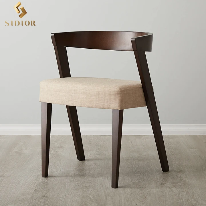 Modern Franco Beige Linen Velvet Chair with Brown Beech Brandy Oak Wood Legs Leather Dining Table Set 4 Chairs Silla De Comedor