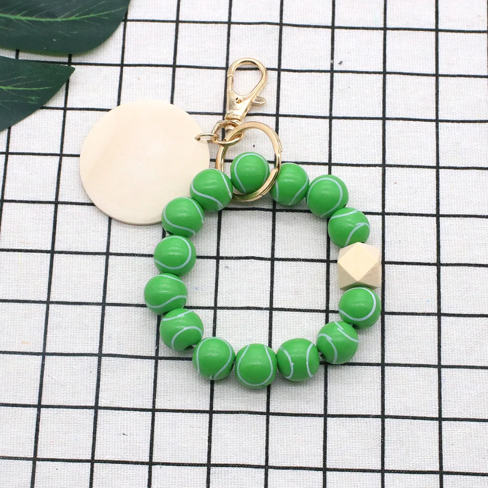 Baseball Sporty Wristlet Key Ring Wood Sublimation Disc Rugby Football Basketball Wooden Beaded Bracelet Pendant keychain