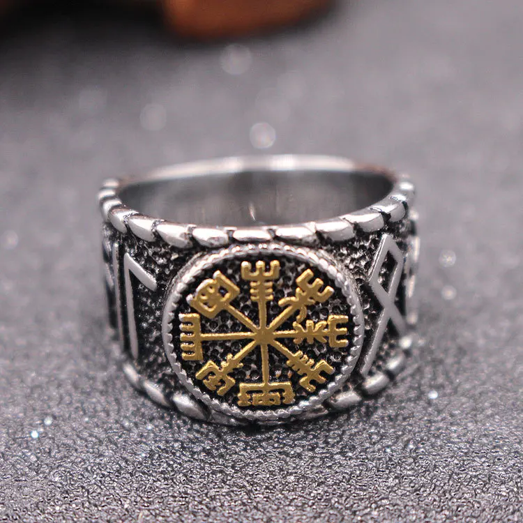 Wholesale Custom Surgical steel Rings Vintage Gold Plated Fish Fork Symbol Viking Jewelry For Men