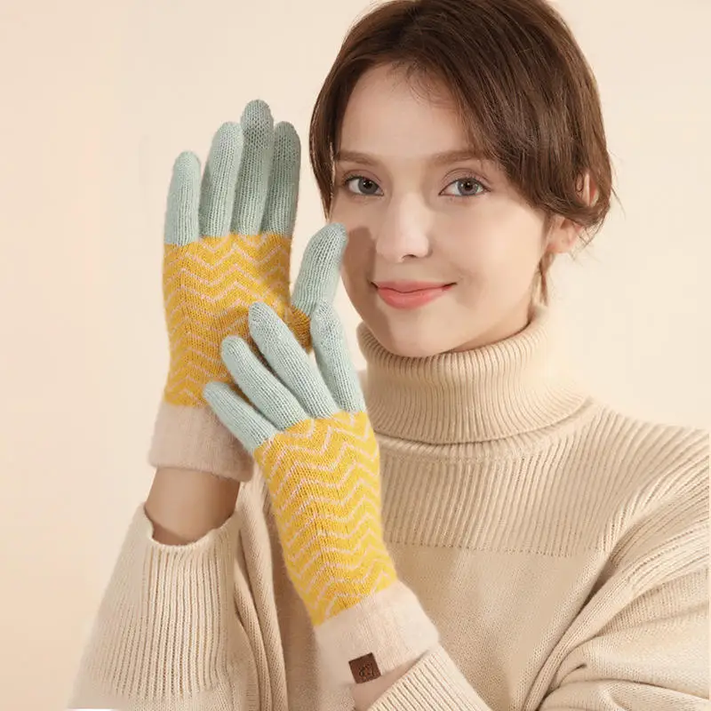 Thickened Plush Windproof Fleece Lined Cozy Cashmere Knit Touch Screen Texting Christmas Winter Gloves