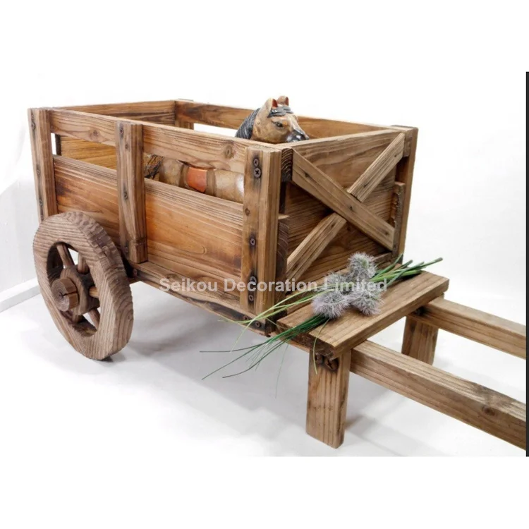 Wooden Garden Planter Car Outdoor Wooden Flower Pot Patio Wood Barrel Planter With Wheel