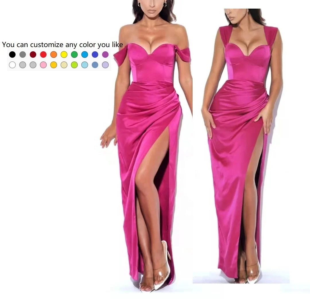New Fuchsia Sating gown Ruffle off shoulder bridesmaid dresses long wedding Elegant Sexy high split Evening Prom Dresses